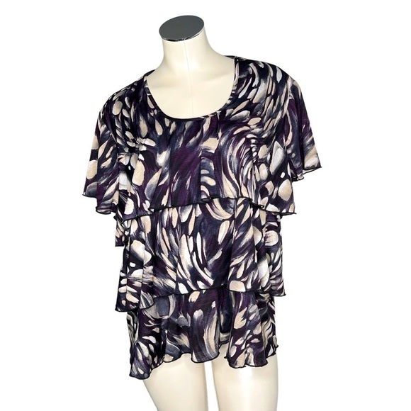 NORTHSTYLE Purple Black Tan Abstract Short Sleeve Ruffled Top Women's Size 2X - Picture 1 of 13